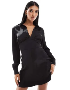 Glamorous Satin Collared Mini Dress In Black For Women Black Satin