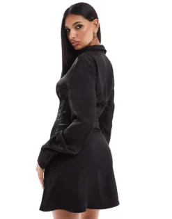 Glamorous Satin Collared Mini Dress In Black For Women Black Satin -Glamorous Shop 207288881 4