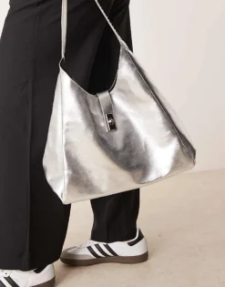 Glamorous Slouch Clasp Detail Large Tote Bag In Silver For Women -Glamorous Shop 207296736 1 silver 1
