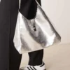 Glamorous Slouch Clasp Detail Large Tote Bag In Silver For Women