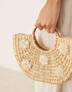 Glamorous Straw Top Handle Bag With Flower Embellishment In Natural For Women Nude -Glamorous Shop 207296782 3