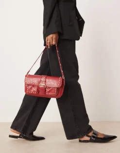 Glamorous Studded Pocket Detail 90s Shoulder Bag In Burgundy For Women