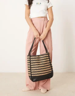 Glamorous Stripe Straw Tote Bag In Black And Natural For Women Multi
