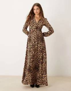 Glamorous V Neck Wrap Style Long Sleeve Maxi Dress In Leopard Print For Women