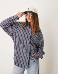 Glamorous Poplin Oversized Boxy Shirt In Blue Grey Stripe For Women -Glamorous Shop 207382244 1 bluegreystripe 1