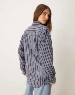 Glamorous Poplin Oversized Boxy Shirt In Blue Grey Stripe For Women -Glamorous Shop 207382244 4