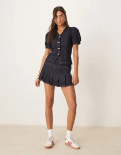 Glamorous Pleated Mini Skirt In Indigo Denim Co-ord For Women Navy