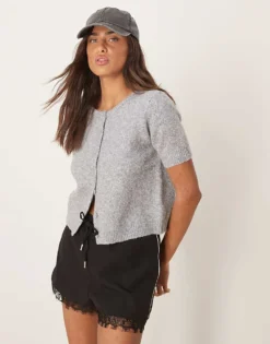 Glamorous Short Sleeve Button Up Cardigan In Grey For Women