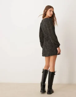 Glamorous Long Sleeve Mini Tea Dress With Tie Front In Black Cream Ditsy Floral For Women -Glamorous Shop 207382329 3