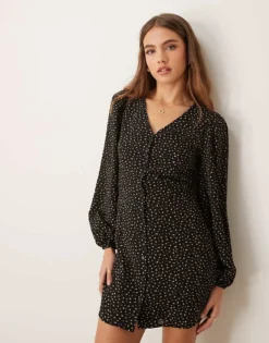 Glamorous Long Sleeve Mini Tea Dress With Tie Front In Black Cream Ditsy Floral For Women -Glamorous Shop 207382329 4