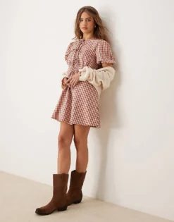 Glamorous Smock Dress With Puff Sleeves And Tie Front In Brown Check For Women