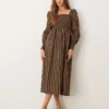 Glamorous Long Sleeve Shirred Body Maxi Dress In Brown Black Stripe For Women