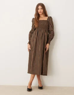 Glamorous Long Sleeve Shirred Body Maxi Dress In Brown Black Stripe For Women