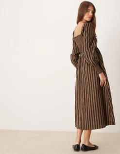 Glamorous Long Sleeve Shirred Body Maxi Dress In Brown Black Stripe For Women -Glamorous Shop 207382380 3