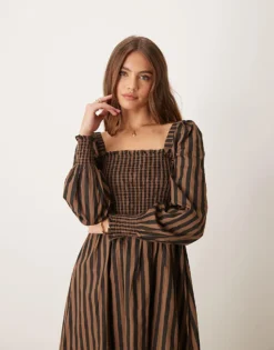 Glamorous Long Sleeve Shirred Body Maxi Dress In Brown Black Stripe For Women -Glamorous Shop 207382380 4
