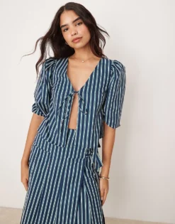 Glamorous Volume Sleeve Blouse With Tie Front In Green Stripe Co-ord For Women Multi