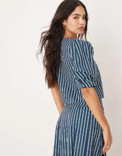 Glamorous Volume Sleeve Blouse With Tie Front In Green Stripe Co-ord For Women Multi -Glamorous Shop 207382394 4