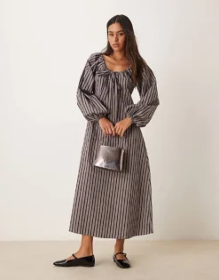 Glamorous Tie Front Volume Sleeve Maxi Smock Dress In Grey Black Stripe For Women -Glamorous Shop 207382431 1 greyblackstripe 1