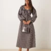 Glamorous Tie Front Volume Sleeve Maxi Smock Dress In Grey Black Stripe For Women