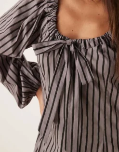 Glamorous Tie Front Volume Sleeve Maxi Smock Dress In Grey Black Stripe For Women -Glamorous Shop 207382431 4