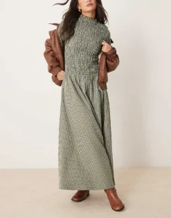Glamorous Long Sleeve Shirred Maxi Dress In Green And Blue Check For Women Multi -Glamorous Shop 207382445 1 multi 1