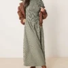 Glamorous Long Sleeve Shirred Maxi Dress In Green And Blue Check For Women Multi