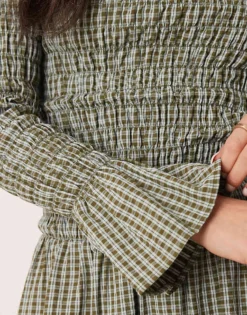 Glamorous Long Sleeve Shirred Maxi Dress In Green And Blue Check For Women Multi -Glamorous Shop 207382445 3