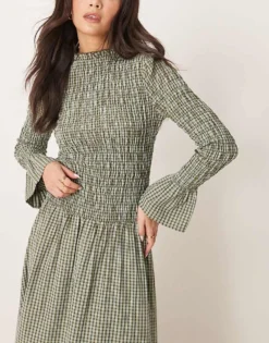 Glamorous Long Sleeve Shirred Maxi Dress In Green And Blue Check For Women Multi -Glamorous Shop 207382445 4