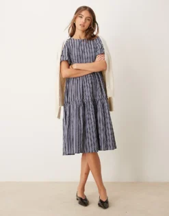 Glamorous Puff Sleeve Tiered Midi Dress In Blue Grey Stripe For Women