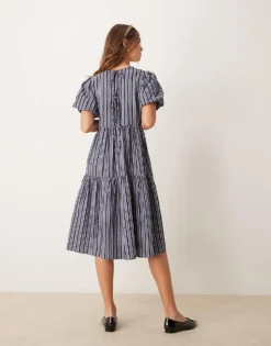 Glamorous Puff Sleeve Tiered Midi Dress In Blue Grey Stripe For Women -Glamorous Shop 207382496 3