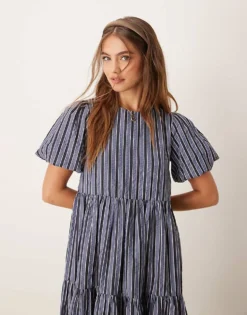 Glamorous Puff Sleeve Tiered Midi Dress In Blue Grey Stripe For Women -Glamorous Shop 207382496 4
