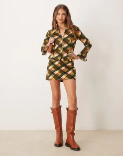 Glamorous Low Rise Mini Skirt In Red Khaki Tartan Co-ord For Women