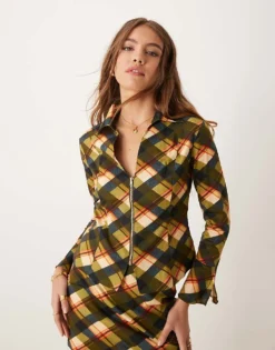 Glamorous Structured Fitted Shirt In Red Khaki Tartan Co-ord For Women