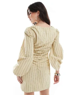 Glamorous Gathered Front Mini-dress In Straw Gold Stripe For Women -Glamorous Shop 207475977 4