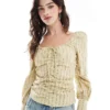 Glamorous Gathered-front Top In Straw Gold Stripe For Women
