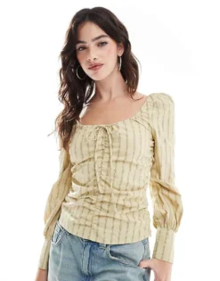 Glamorous Gathered-front Top In Straw Gold Stripe For Women
