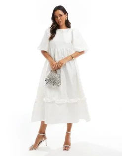 Glamorous Tiered Tie-back Midi-dress In Off White Brocade For Women -Glamorous Shop 207476031 1 offwhitebrocade 1