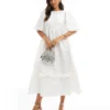 Glamorous Tiered Tie-back Midi-dress In Off White Brocade For Women