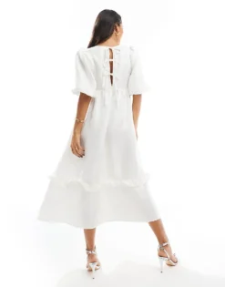 Glamorous Tiered Tie-back Midi-dress In Off White Brocade For Women -Glamorous Shop 207476031 4