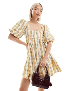 Glamorous Square-neck Smock Mini-dress In Beige Cream Check For Women