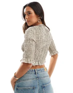 Glamorous Shirred Crop-top In Beige Black Check For Women -Glamorous Shop 207476109 4