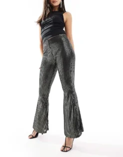 Glamorous Flared Low-rise Trousers In Black Pewter Sequin For Women -Glamorous Shop 207476115 4