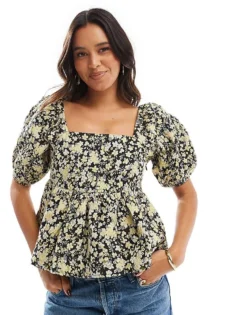 Glamorous Square-neck Peplum-top In Black Yellow Brocade For Women