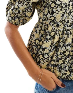 Glamorous Square-neck Peplum-top In Black Yellow Brocade For Women -Glamorous Shop 207476127 3