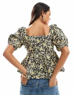 Glamorous Square-neck Peplum-top In Black Yellow Brocade For Women -Glamorous Shop 207476127 4