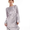 Glamorous Flared-sleeve Mini-dress In Lilac Ash Sateen For Women