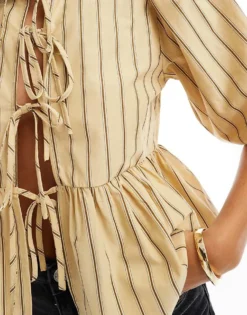 Glamorous Tie-front Top In Beige Brown Stripe For Women -Glamorous Shop 207476173 3