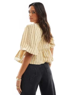 Glamorous Tie-front Top In Beige Brown Stripe For Women -Glamorous Shop 207476173 4