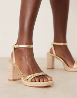 Glamorous Braided Espdrille Heeled Sandals In Gold For Women
