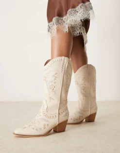 Glamorous Embroidered Western Knee Boots In Cream For Women -Glamorous Shop 207530389 1 cream 1